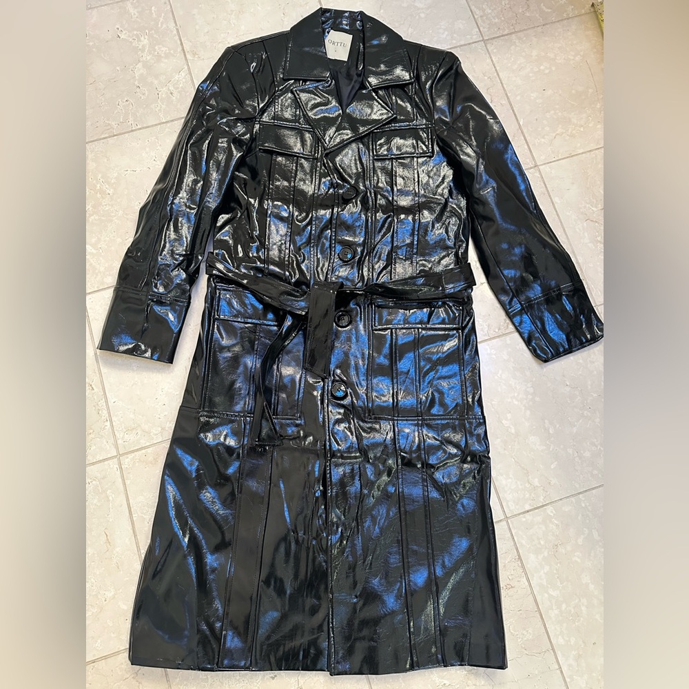 Orttu Men’s Black Gloss Patent Leather Trench Coat Couture Long Belted Jacket M‎ - Picture 2 of 7